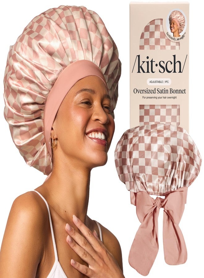 Kitsch XL Satin Bonnet for Sleeping - Softer Than Silk Hair Bonnet For Women - Secure Fit, Adjustable Night Cap For Curly & Textured Hair - Prevents Breakage, Tangles & Thinning - Terracotta Checker - Image 1